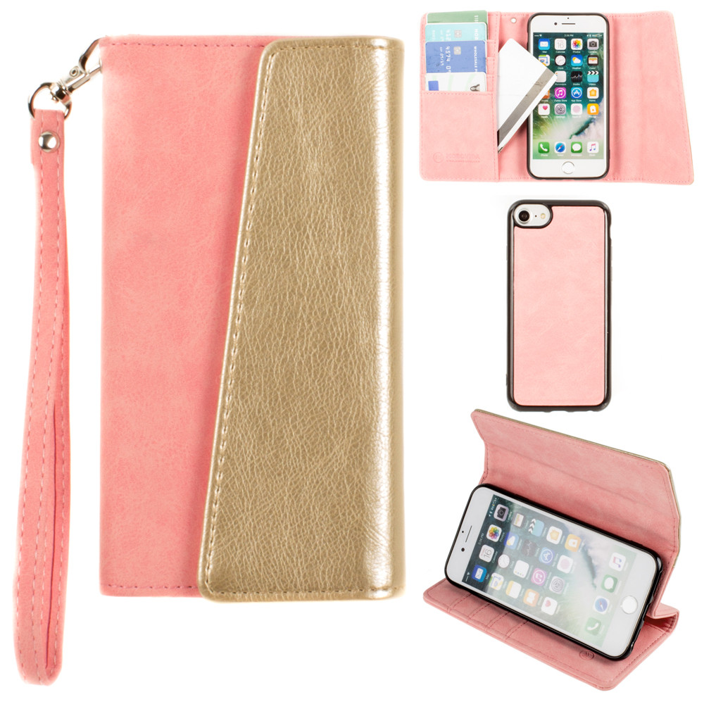 Apple iPhone 6s -  UltraSuede Metallic Color Block Flap Wallet with Matching detachable Case and strap, Pink/Gold