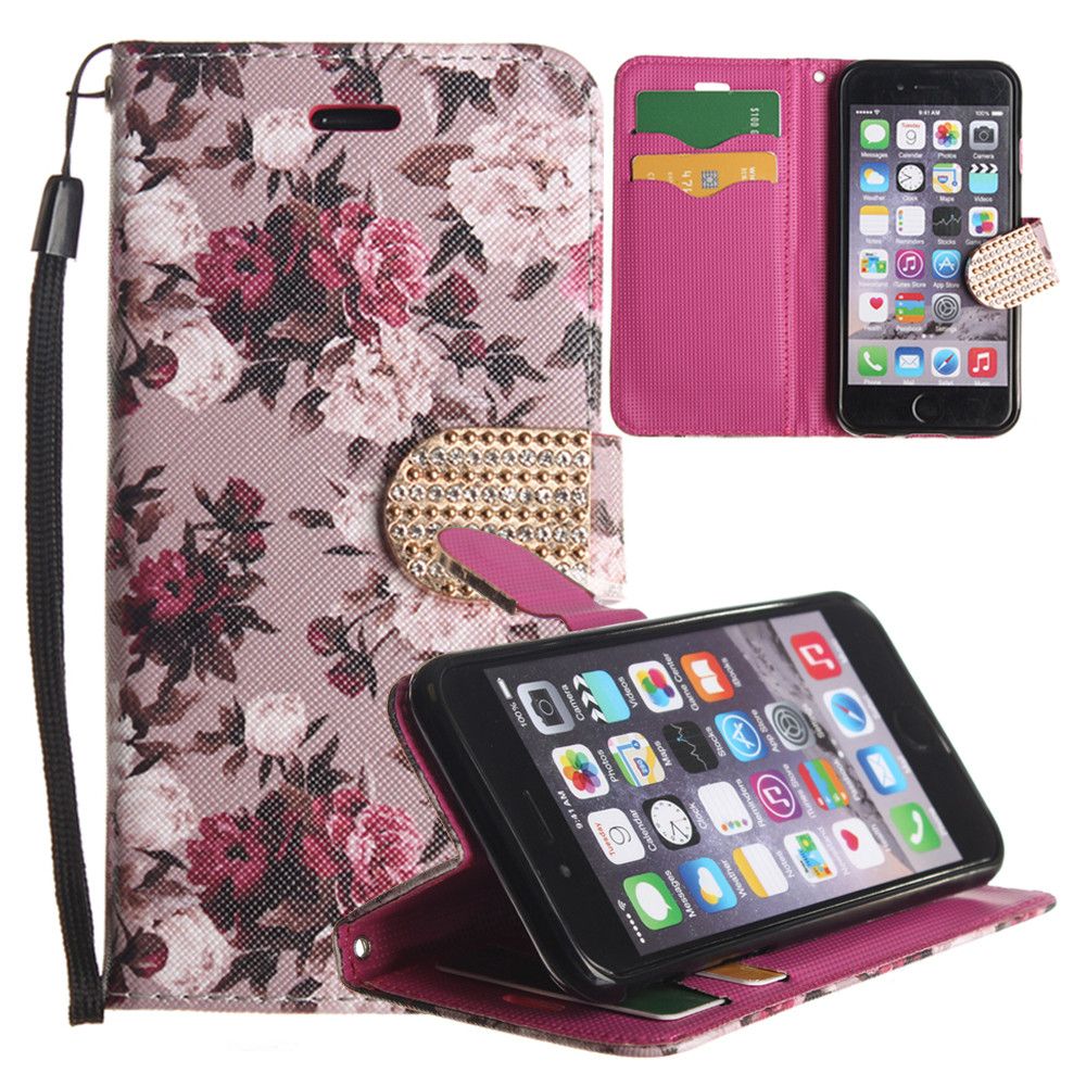 Apple iPhone 6/6s - Romantic Rose Shimmering Folding Phone Wallet, Pink/White