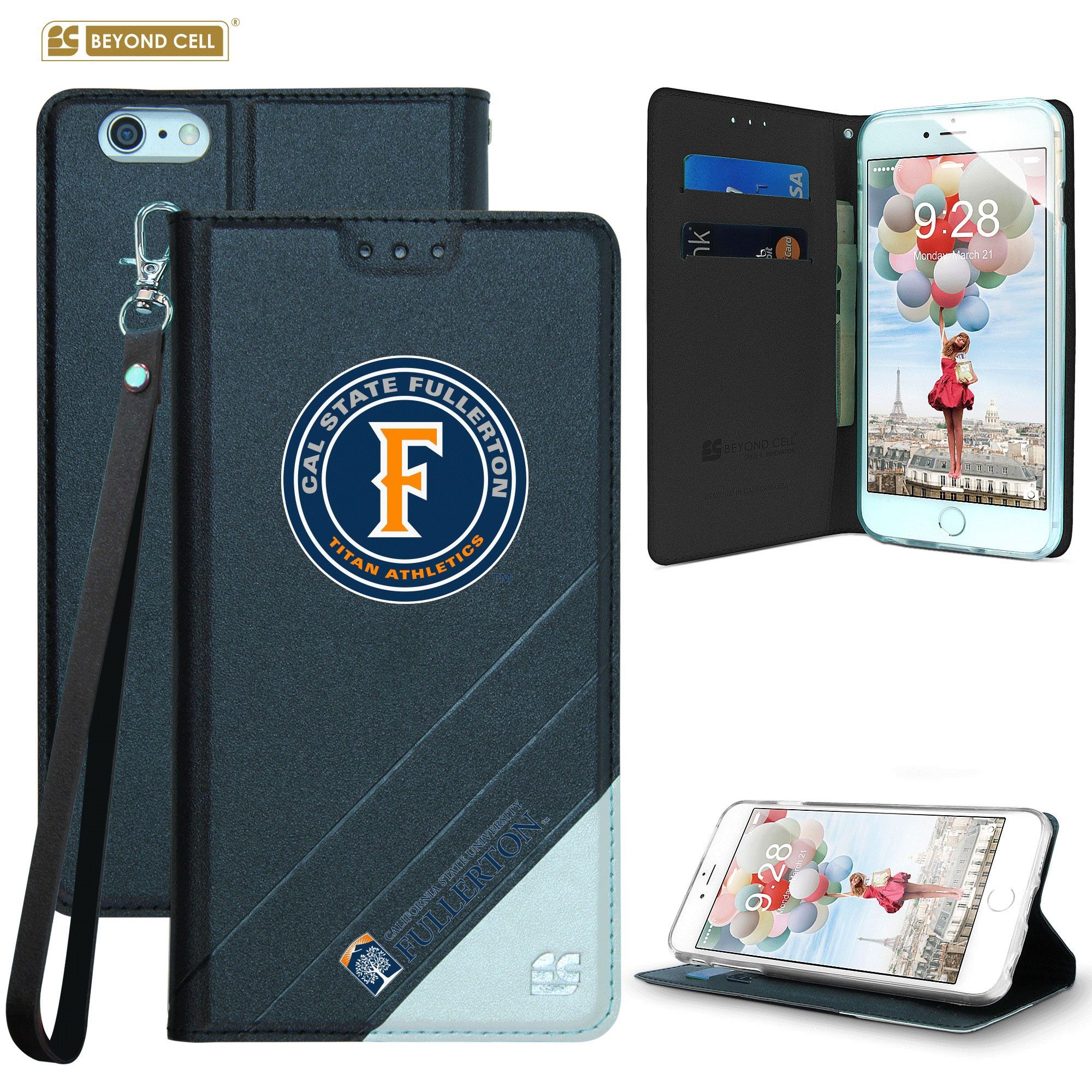Apple iPhone 6/6s - Licensed Cal State Fullerton Folding Wallet case with card slots and wristlet, Black