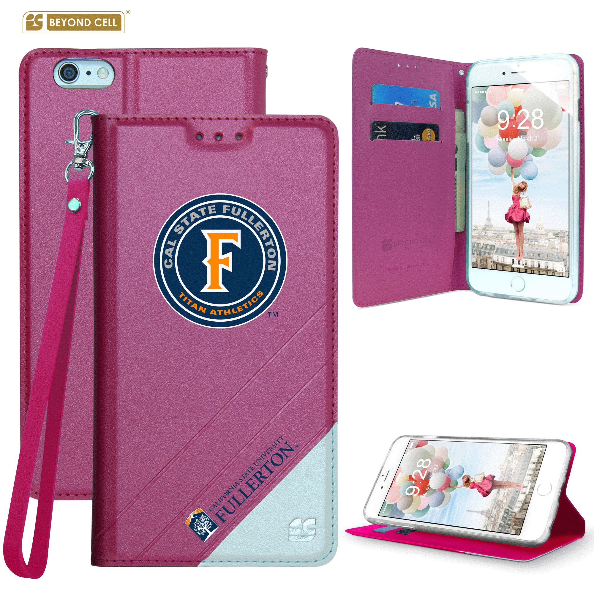 Apple iPhone 6/6s - Licensed Cal State Fullerton Folding Wallet case with card slots and wristlet, Hot Pink