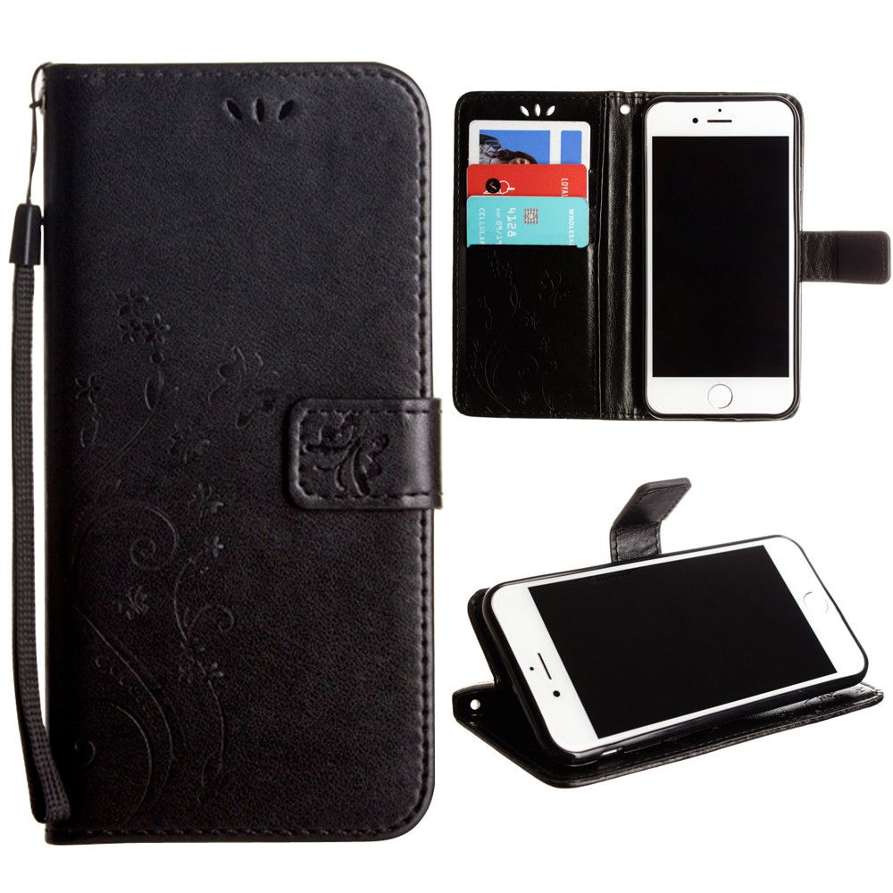 Apple iPhone 6s -  Embossed Butterfly Design Leather Folding Wallet Case with Wristlet, Black