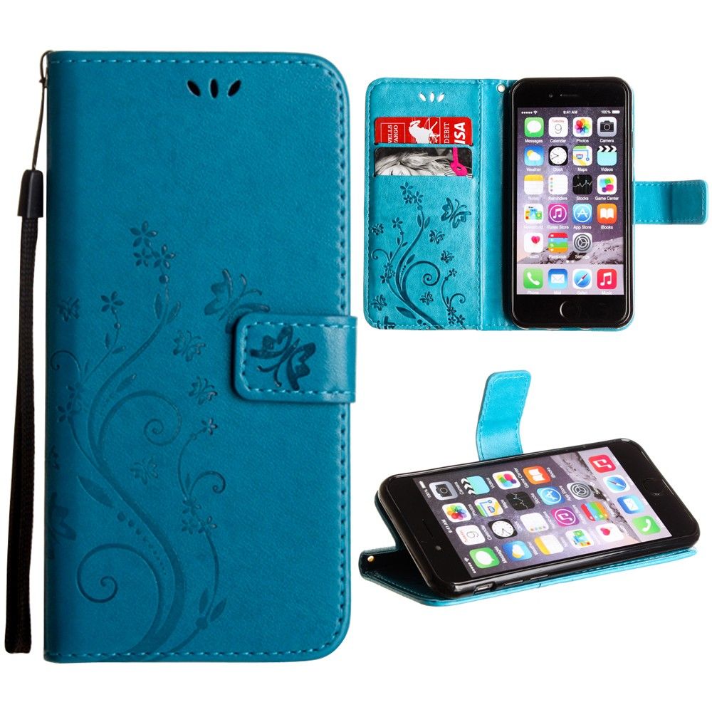 Apple iPhone 6s -  Embossed Butterfly Design Leather Folding Wallet Case with Wristlet, Teal