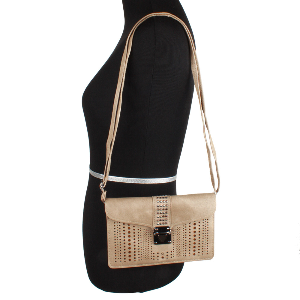 Apple iPhone 6s -  Studded Laser Cut Crossbody Bag Buckle Closure with Adjustable Strap, Taupe