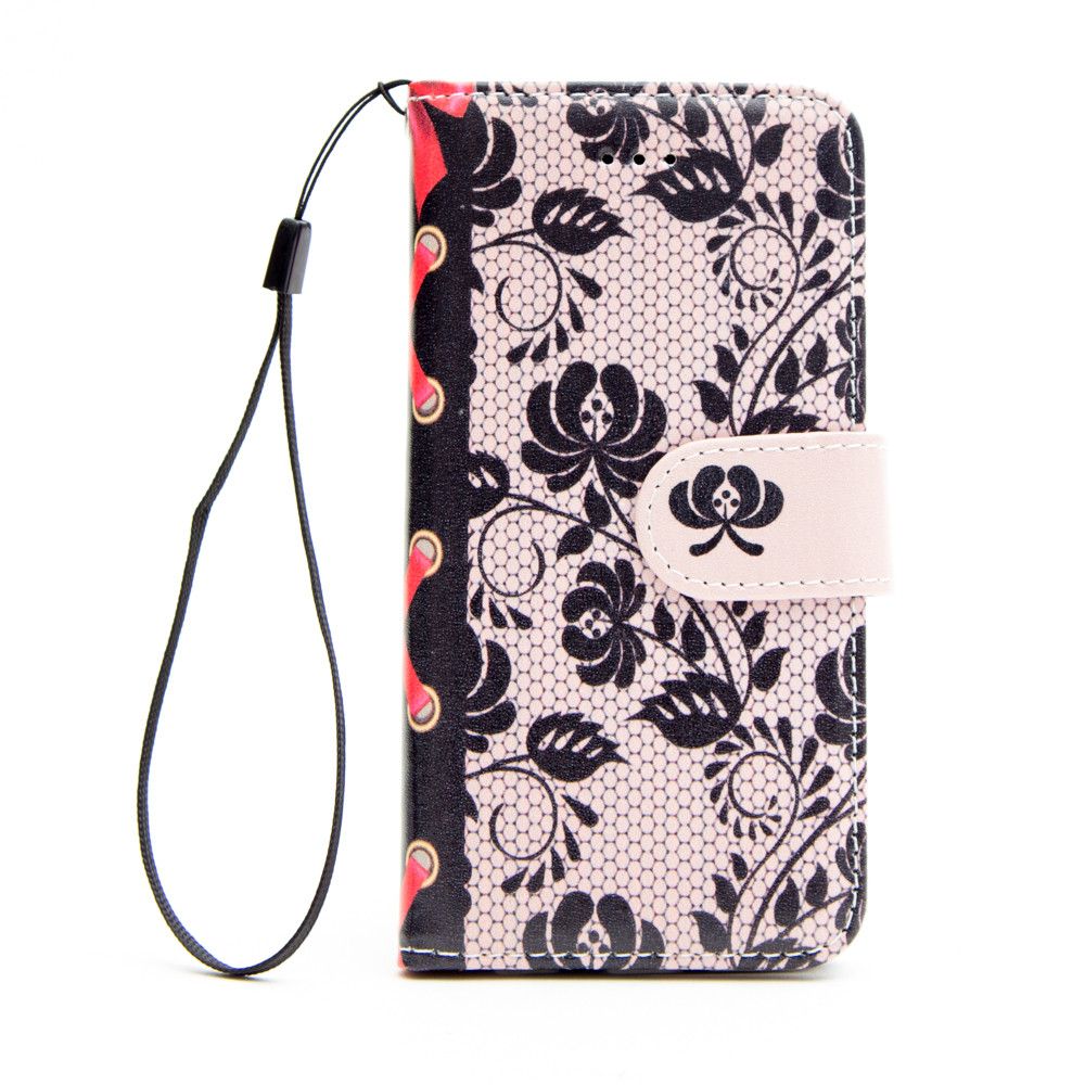 Apple iPhone 6/6s - Flower Lace Design Folding Wallet Case with wristlet, Black