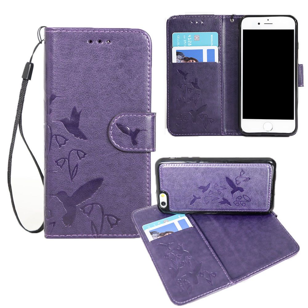 Apple iPhone 6s -  Embossed Humming Bird Design Wallet Case with Matching Removable Case and Wristlet, Purple