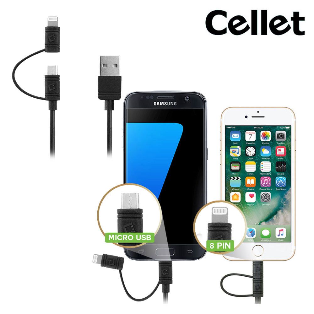 Cellet 3FT Certified 2-in-1 Micro USB & MFI Certified Lightning 8-Pin to USB Sync and Charge Cable, Black