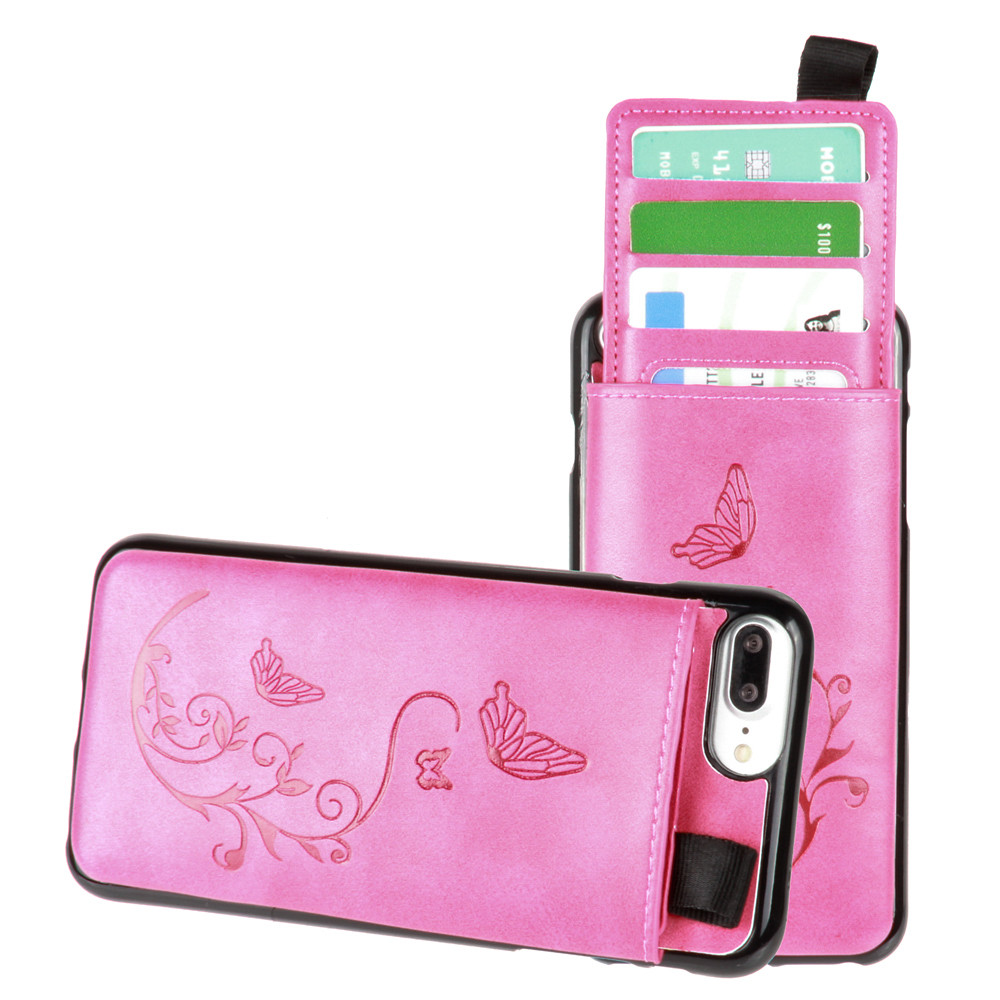 Apple iPhone 6s Plus -  Embossed Butterfly Leather Case with Pull-Out Card Slot Organizer, Hot Pink