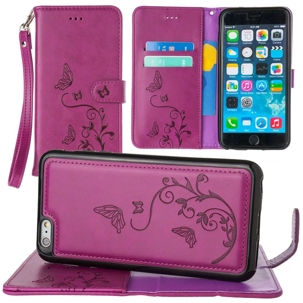 Apple iPhone 6s Plus -  Embossed Butterfly Design Wallet Case with Detachable Matching Case and Wristlet, Magenta