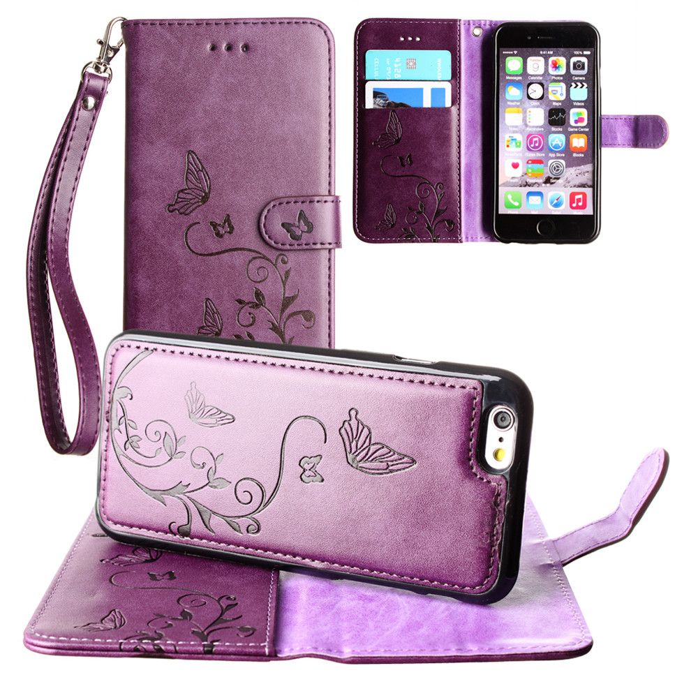 Apple iPhone 6s Plus -  Embossed Butterfly Design Wallet Case with Detachable Matching Case and Wristlet, Purple